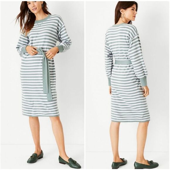 NWT Ann Taylor Striped Belted Sweater Midi Dress Seafoam/White XXL Long Sleeve - Picture 1 of 11